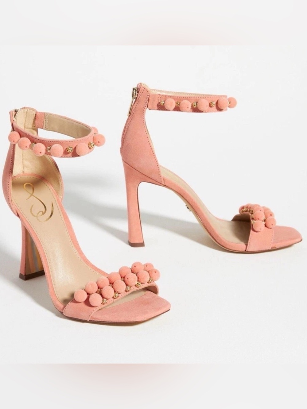 Sam Edelman Coral Suede Pom-Pom Ankle Strap Heels
